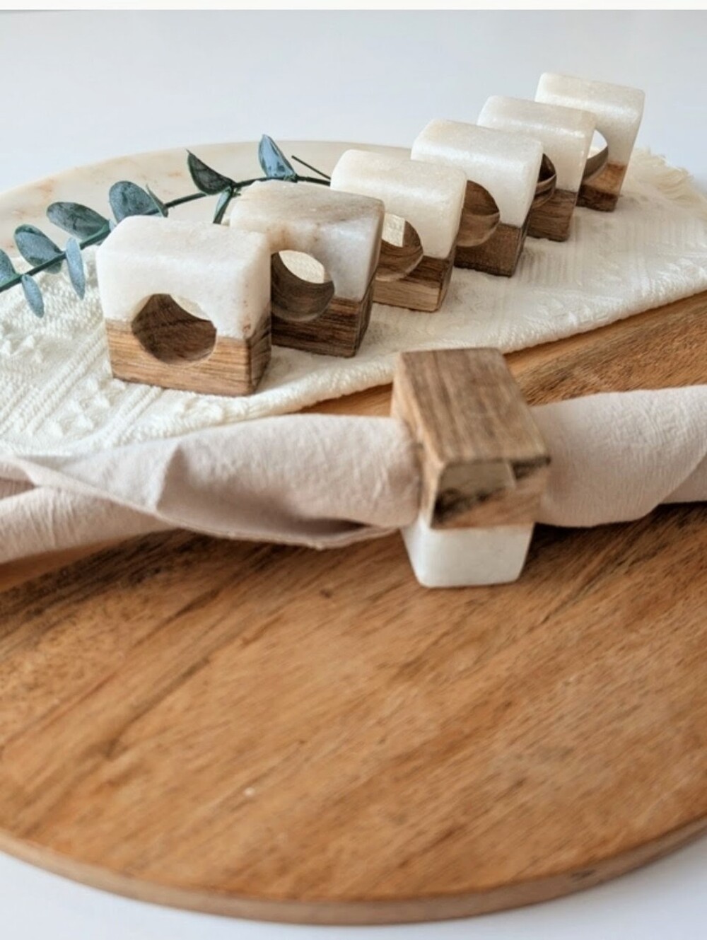 Set of 7 Marble and Wood Napkin Rings - White and Natural Wood